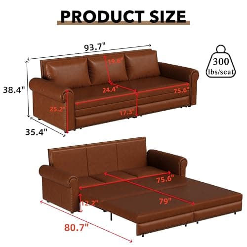 Light Brown 93.7" 3-in-1 Recliner Sleeper Sofa Bed, Faux Leather Office Living Room