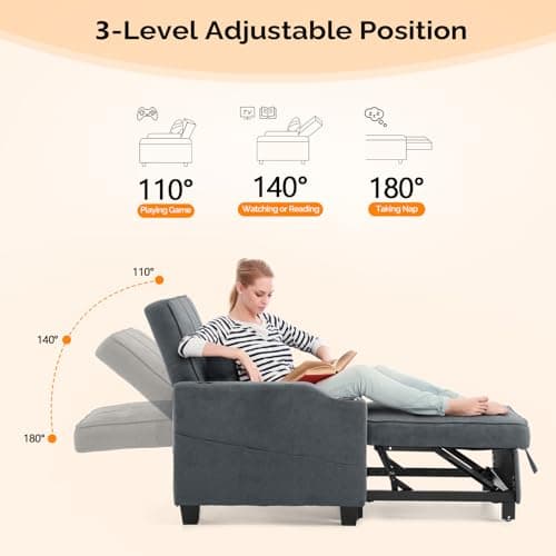 VINGLI 3-in-1 Convertible Sofa Bed with USB Ports and Cup Holders, Dark Grey