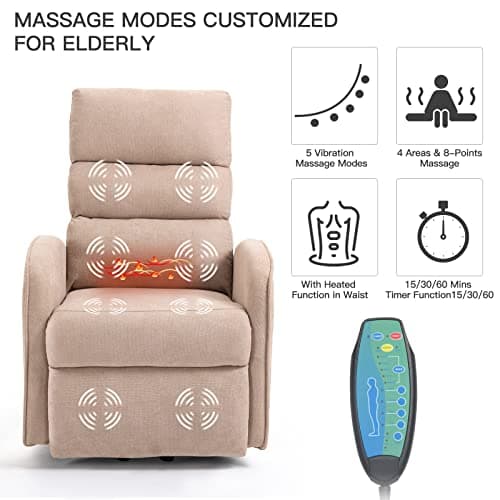 AVAWING Electric Recliner with Heat & Massage for Seniors, Khaki Fabric Side Pocket & USB Port