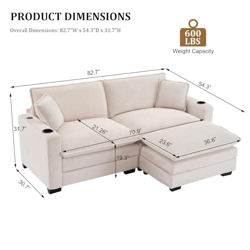 KIVENJAJA Beige Corduroy Cloud Sectional Couch, 82.7"W, Modular Loveseat with Ottoman & USB Port