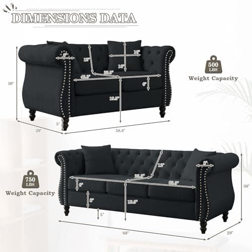 JEEOHEY Chesterfield Sofa Set, 2 Pieces Velvet Sofa with Rolled Arms & Nailhead Trim, Comfy 2/3 Seater, Oversize Modern Couch (Black)