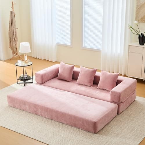 Beige Cylindrical Pillow Convertible Sleeper Sofa Bed