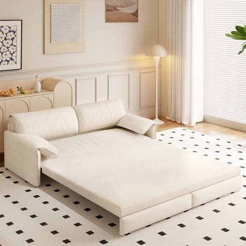 GNIXUU 66" Queen Pull-Out Sofa Bed, Beige Velvet Sleeper Couch with Side Storage