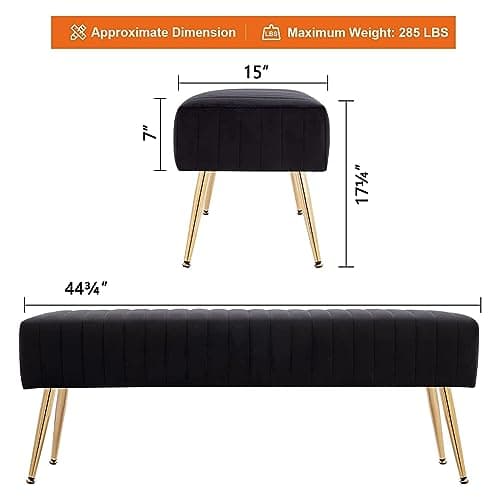 44 inch black bedroom ottoman bench with gold legs