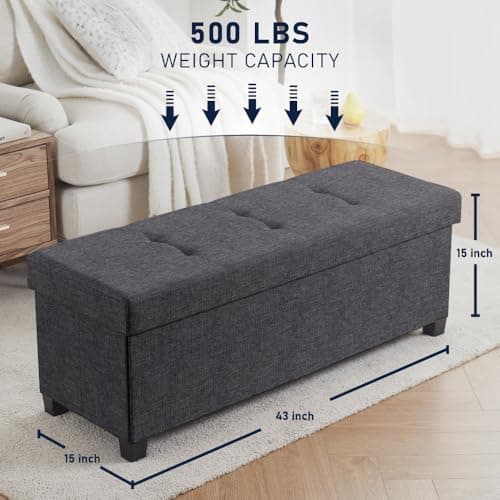 Ornavo Home 43 Inch Charcoal Gray Folding Storage Ottoman Bench