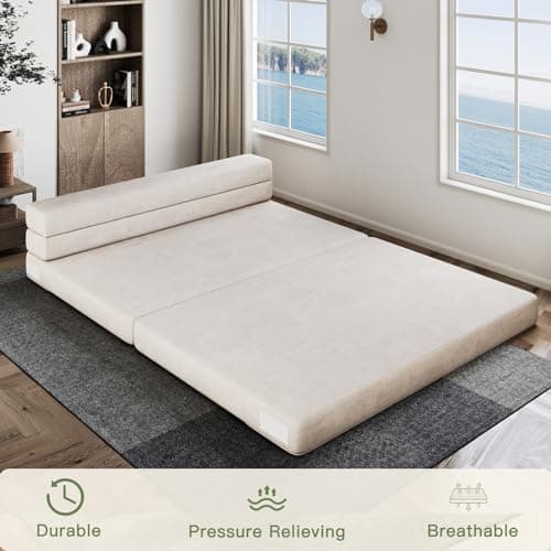 Folding Sofa Bed Queen for Travel and Guests, Off White