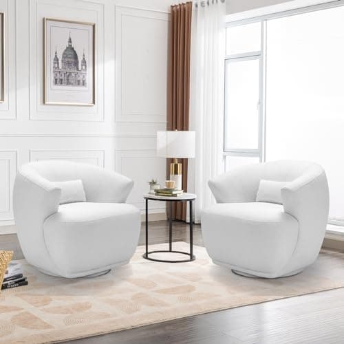 Modern Swivel Boucle Chair, White Fabric Accent Chair for Living Room, Bedroom