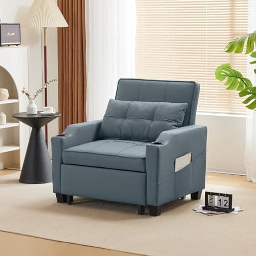 VINGLI 3-in-1 Convertible Sofa Bed Chair, Blue Gray Adjust Backrest USB Cup Holders