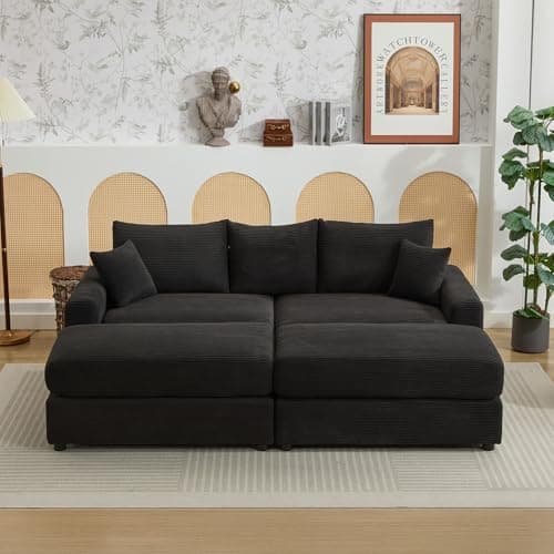 Black 3 Seater Fluffy Cloud Modular Sofa with Chaise Lounge, 82" W