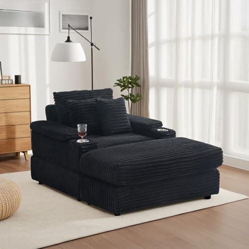 Beige Corduroy Chaise Lounge with Ottoman & Cup Holder