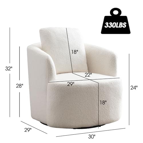 CANMOV Round Swivel Accent Chair, White, Comfy Teddy Boucle Armchair with Pillow