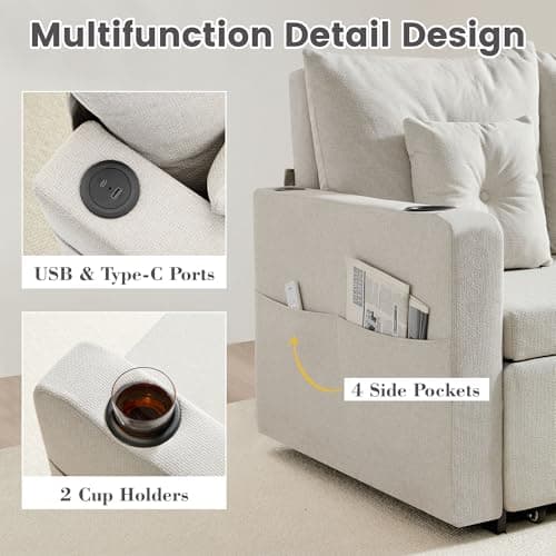 3-in-1 Pull-Out Couch, 56" Convertible Sleeper Sofa, Beige, Living Room/Bedroom Furniture