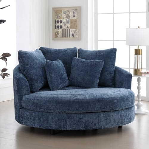 Beige Knitted Chenille Oversized Barrel Chair with Wheels & 5 Pillows