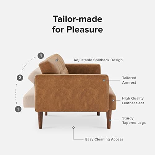 Mid Century Modern Futon Couch for Living Room and Bedroom - Pecan Brown, Faux Leather
