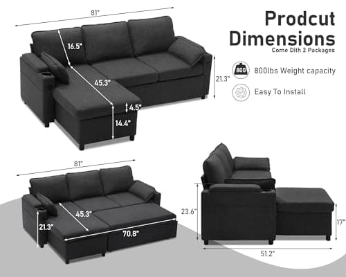 DURASPACE 2-in-1 Sectional Sleeper Sofa with Storage, USB & Cup Holder (Dark Gray)