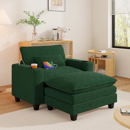 Oversized Grey Corduroy Chaise Lounge Chair with Ottoman & USB Port
