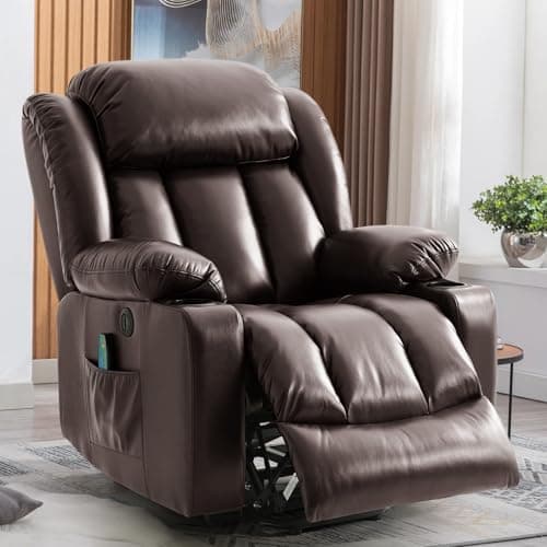 Electric Recliner Chair with Massage & Heat, Cup Holders, Remote Control, USB, Side Pockets, Leather (Beige)