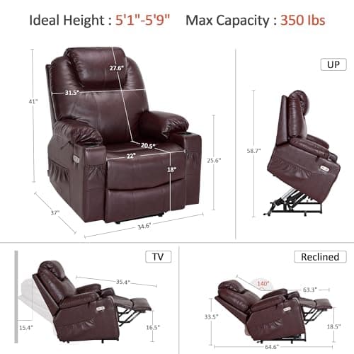MCombo Electric Power Lift Recliner Chair Sofa for Elderly with Massage and Heat, 3 Positions, Faux Leather, USB Ports, and Cup Holders (Dark Brown, Medium)  
MCombo Electric Power Lift Recliner Chair Sofa for Elderly with Massage and Heat, 3 Positio