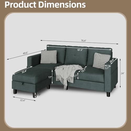 JAMFLY 3-Seat L-Shaped Sectional Sofa with Ottoman, Blue