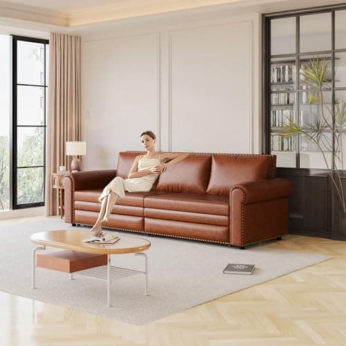 Light Brown 93.7" 3-in-1 Recliner Sleeper Sofa Bed, Faux Leather Office Living Room