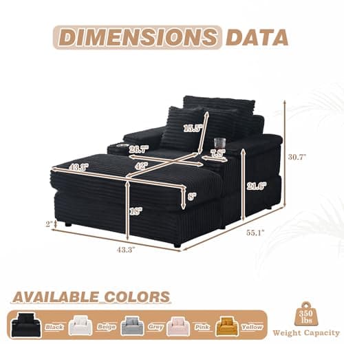 Modern Black Chaise Lounge with Ottoman and Cup Holder