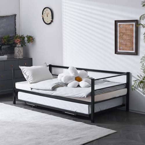 VINGLI Heavy Duty Metal Twin Daybed with Pop Up Trundle, Black