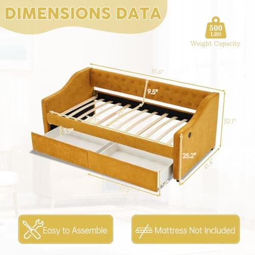 Twin Size Velvet Daybed with Storage & USB Charging,Button Tufted Yellow Webcam-Free Sofa Bed