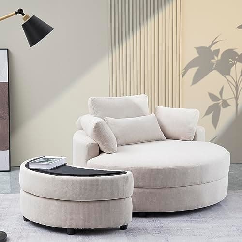 360° Swivel Barrel Chair with Half Moon Ottoman - 39W Sherpa Teddy Upholstered Accent Chair for Living Room, Bedroom, Office, and Reading Nook