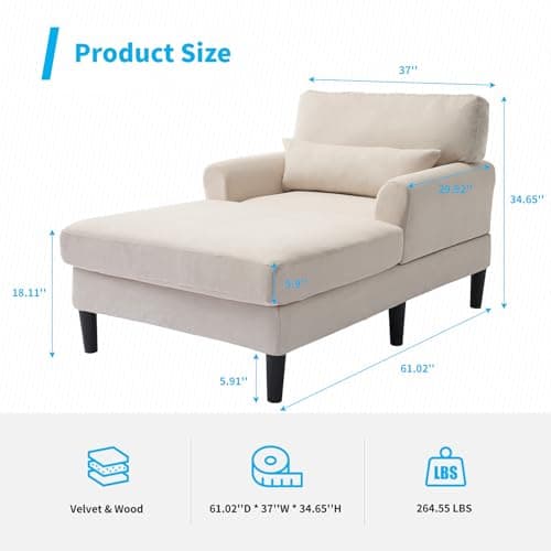 Mjkone Beige 61" Velvet Chaise Lounge Chair - Modern Sleek Recliner