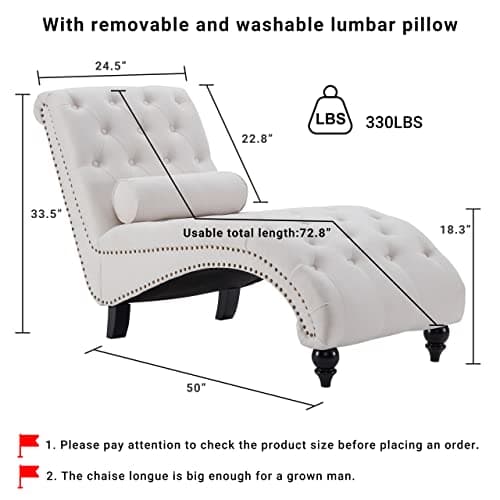 Beige Button-Tufted Armless Chaise Lounge with Solid Wood Legs & Pillow for Living Room