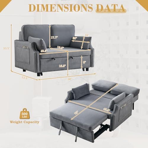 Grey Velvet Convertible Sleeper Sofa Bed, 50 Pull Out Couch, Modern Loveseat with Side Pocket for Small Spaces