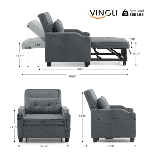 VINGLI 3-in-1 Convertible Sofa Bed with USB Ports and Cup Holders, Dark Grey