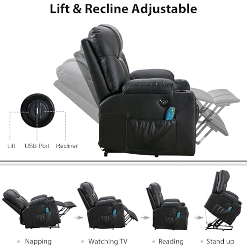 Bonzy Home 26" Extra Wide Power Recliner with Heat & Massage, Faux Leather Cup Holders