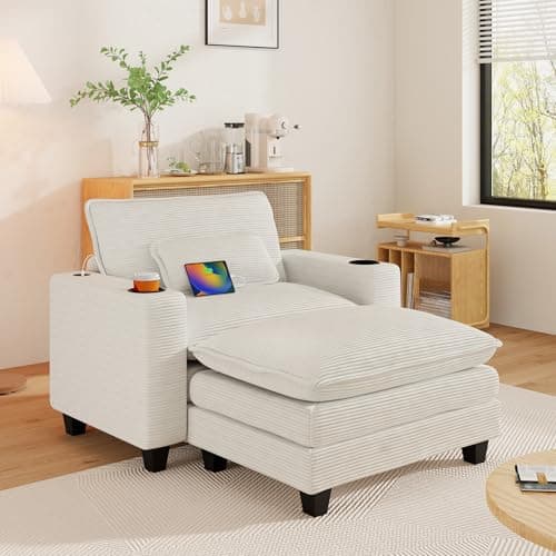 Oversized Grey Corduroy Chaise Lounge Chair with Ottoman & USB Port