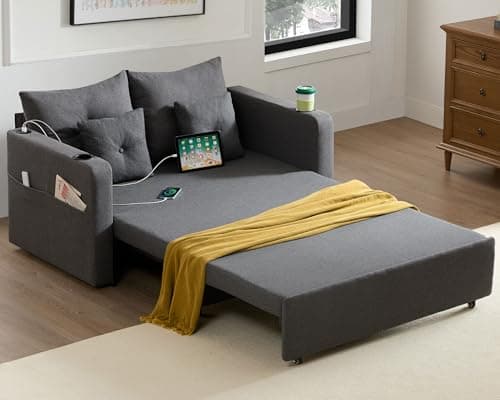 3-in-1 Pull-Out Couch, 56" Convertible Sleeper Sofa, Beige, Living Room/Bedroom Furniture