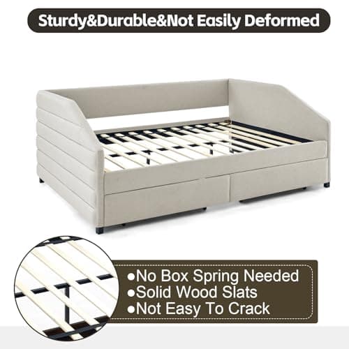 JEEOHEY Queen Size Daybed with Storage, Modern Linen Upholstered Sofa Bed for Living Room and Guest Room, Beige