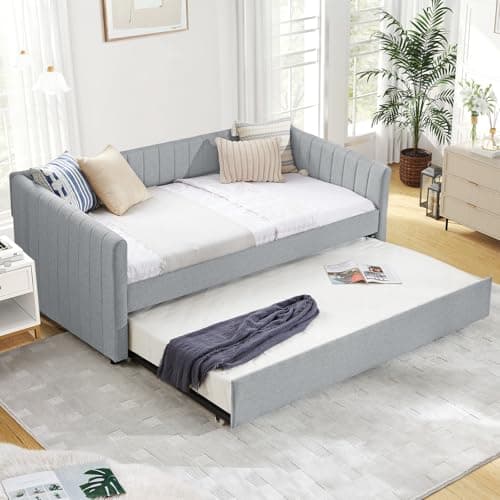 Linen Twin Size Daybed with Trundle - Grey Upholstered Wood Frame for Living Room/Bedroom/Guest Room