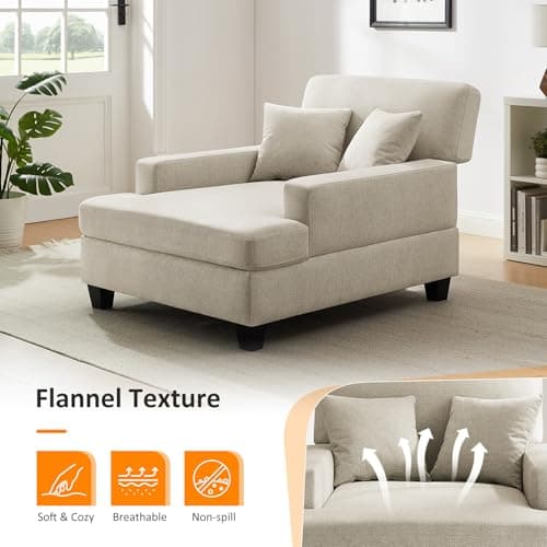 47" Adjustable Backrest Chaise Lounge Chair with Pillows, Oversized for Living Room, Bedroom, Office (Light Khaki)