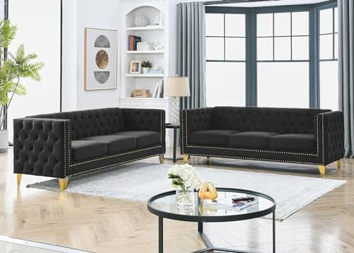 Velvet Chesterfield Sofa Set, 2-Piece Oversized Seater with Nailhead Detail (Grey)
