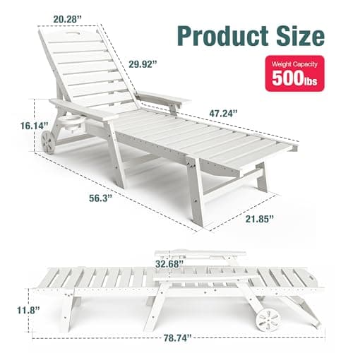 Pamapic 1 PC 500 LBS Oversized Chaise Lounge with Wheel, White