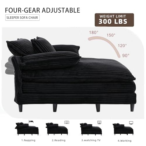 55” Black Corduroy Oversized Comfy Lounge Chaise Chair with 3 Throw Pillows, 4-Position Adjustable Backrest