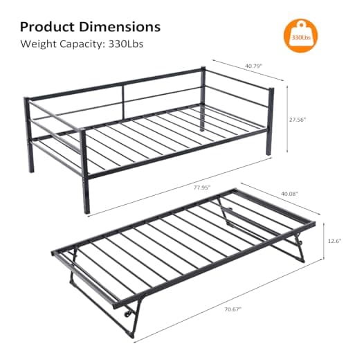 VINGLI Heavy Duty Metal Twin Daybed with Pop Up Trundle, Black