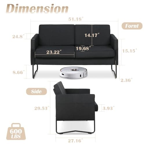 Comfy Black Couch Sofa with 2 USB Ports for Bedroom Teens