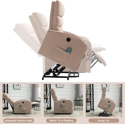 AVAWING Electric Recliner with Heat & Massage for Seniors, Khaki Fabric Side Pocket & USB Port