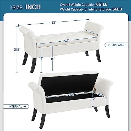 Yaheetech 52in Tufted Faux Leather Ottoman Bench with Arms White