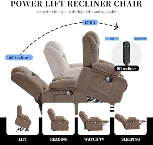 Power Lift Recliner Chair for Elderly with Massage and Heat, Reclining Sofa Chair with USB & Type-C Ports and Cup Holders, L1188(Brown)