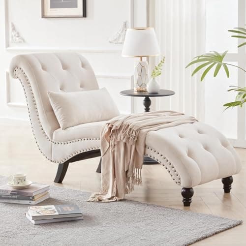 Tufted Beige Linen Rivets Chaise Lounge Chair for Living Room and Bedroom
