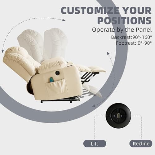Electric Recliner Chair with Massage & Heat, Cup Holders, Remote Control, USB, Side Pockets, Leather (Beige)