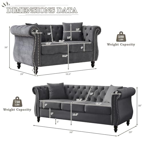 Mid Century Modern Chesterfield Sofa Set, Velvet Couch with Tufted Buttons & Nailhead Trim