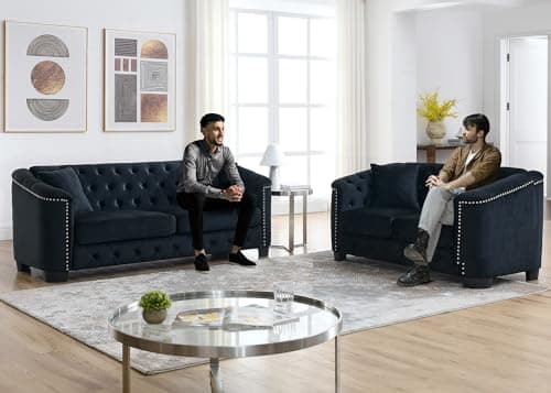 Velvet Chesterfield Sofa Set - Black